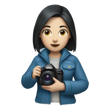 a girl with black hair, in a blue jacket, holding a camera in her hands, White skin sticker