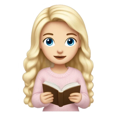 Pretty blue eyed white girl with light pink sweater reading cozy sticker