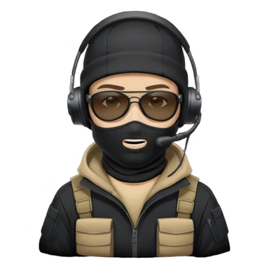 Tactical operator with a black backward cap, white balaclava, black sunglasses, and a military headset with a microphone, wearing a dark hoodie. sticker