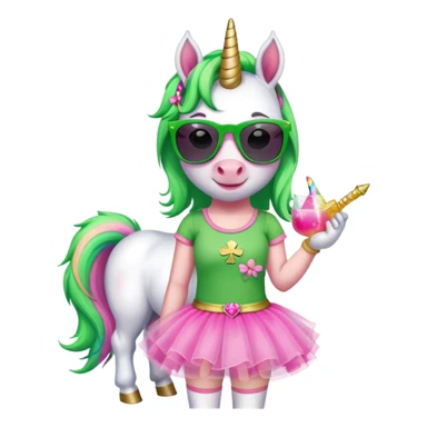friendly anthropomorphised female unicorn with horse-like face, in tutu and pink t-shirt, wearing dark sunglasses, holding a shamrock or wearing a green accessory for St. Patrick's Day sticker