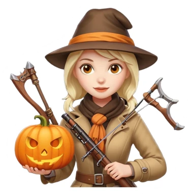 female human monster hunter emoji, wearing brown coat and hat, holding crossbow, soft smile, scarf, glowing pumpkin by her side, Halloween fantasy style, clean vector Apple emoji look, bright colors, white background, square sticker