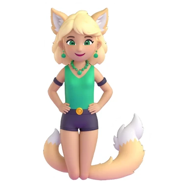 furry girl with wolf ears and tail, short blonde hair, emerald green eyes, soft skin, smiling sticker