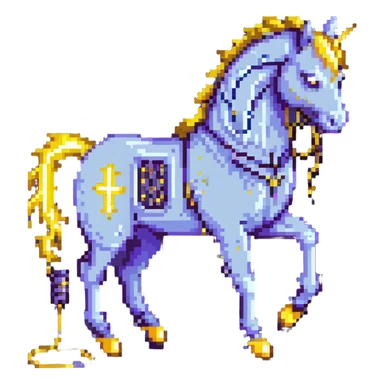 A yellow electric horse in pixel art style, made of electricity and lightning, with visible yellow wires, bolts shooting from its body as it runs. sticker