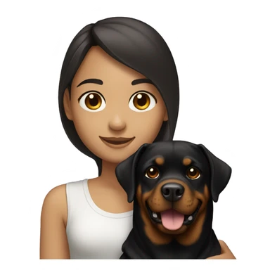 smiling light skinned girl with long straight dark brown hair holding a rottweiler sticker