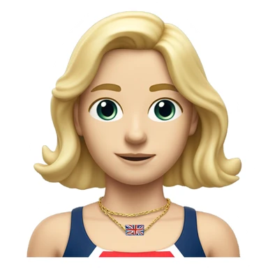A girl with long blonde hair with wide shoulders wearing a Great Britain rowing swimming suit and has small muscles and add a necklace that has a sea shell pendant on it. She must have a  necklace around the neck and the pendant is on her chest sticker