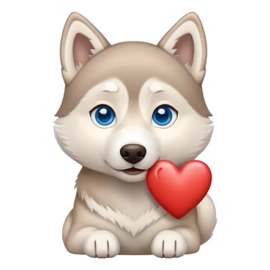 Beige husky with blue eyes holding a brown heart sticker