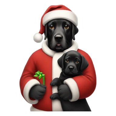Santa Claus in a red Santa outfit holding a 14 week old black Labrador  sticker
