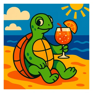 turtle sitting on the beach and drinking aperol spritz, vibrant and playful style sticker