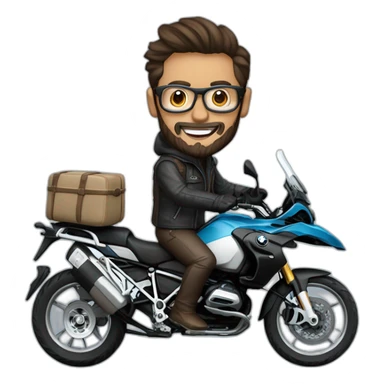 Francisco-Javier-Sans-Sánchez with beard and glasses, riding a BMW-R-1200-GS,waving sticker