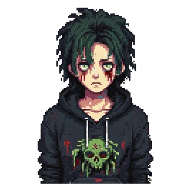 zombie with black messy hairstyle, tired face, bruises under the eyes, black hoodie sticker