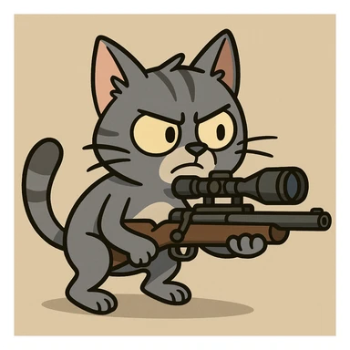 cartoonish small grey cat aiming a sniper rifle, exaggerated proportions sticker