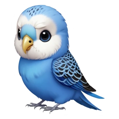 cinematic-cute-blue-budgie-portrait-emoji,-head-tilted-playfully-and-inquisitively,-featuring-a-brilliant-blue-feathered-fur-and white and black feathered face-with-a-natural-sheen,-round,-sparkling-dark-eyes-filled-with-curiosity,-simplified-yet-irresistibly-adorable sticker