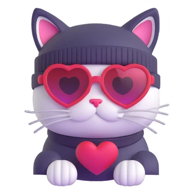 cat wearing a beanie and heart-shaped sunglasses sticker