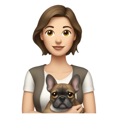 Woman with brown hair holding a gray French bulldog sticker