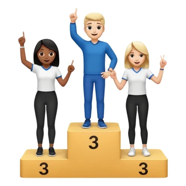 three casually dressed people black and white on a winners podium with no numbers middle step higher each on their step center person holds up one finger on each hand fun expressive cheerful emoji style sticker