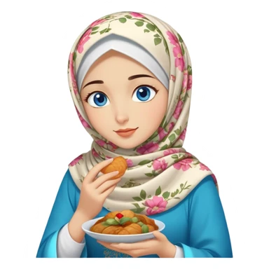 Turkish beautiful finish Konya girl blue eyes with floral hijab islamic dress and she’s savouring delicious food face sticker