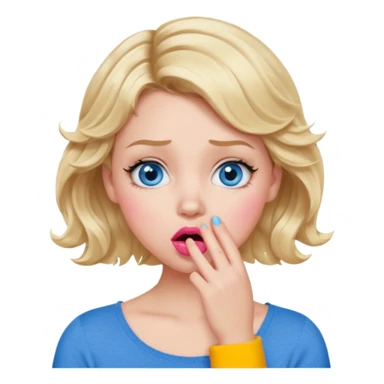 Girl Blonde short wavy hair,  blue eyes, cute blue top, long lashes, pink lips, shocked, hand over the mouth sticker
