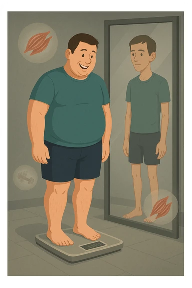 a man stands on a scale, smiling at the lower number, but his reflection in a nearby mirror shows a thinner, but also visibly weaker and less muscular body. Around him, floating icons or faded images of muscle fibers and dumbbells highlight the overlooked loss of muscle mass. The mood is cautionary and educational. in italiano sticker