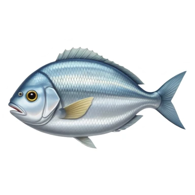 whole silver sea bream with a laterally flattened oval body and shimmering scales, golden band between the eyes, forked tail, defined fins, fish lies flat, raw and clean, smooth slightly reflective surface, no garnish plate or extras, soft lighting, subtle shadows, emoji scale sticker
