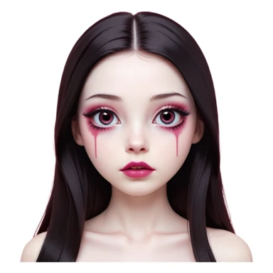 girl with white skin, dark brown long realistic straight hair with middle part prominently falling in front of her body over her shoulders, lips with reddish-pink shiny lip gloss and absolutely no cupid's bow, big round eyes with very black shiny eyeballs and natural long eyelashes, absolutely no eye makeup, no eyeshadow, no eyeliner, completely bare eyes, light pink blush on cheeks, lighter button nose, exceptionally elongated very long oval-shaped face, wearing a pink off-shoulder top, looking directly at camera with hands down at sides sticker