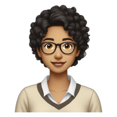 smiling indian teenage girl with black curly hair and glasses wearing a collared long sleeve white shirt under a beige v shaped collar sweatervest with no buttons sticker