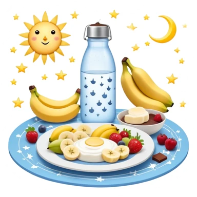 Mystical daily routine constellation: water bottle, sun, chicken plate, banana, gym weight, yogurt, fruits and chocolate, and moon symbols arranged like stars in a constellation pattern with glowing lines connecting them in sequence sticker