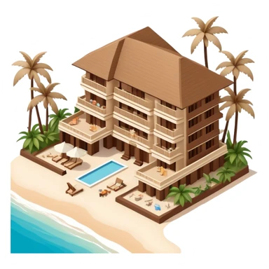 Isometric exterior brown and beige polynesian beach hotel resort in Hawaii, dollhouse style 3D realistic  sticker