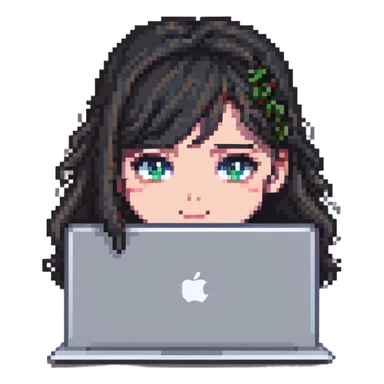close-up of a girl's face peeking over a MacBook, pixel art style sticker
