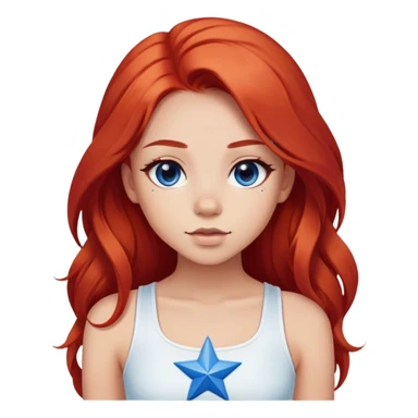 a girl with a red long hair and a black eyes and a light skin ton and a cute look she is wering a crop top colored white and in the midle of it a blue star sticker