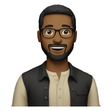 A man with glasses, short dark hair, and a beard wearing a black button-up shirt and light colored pants, standing in front of a colorful background with text. sticker