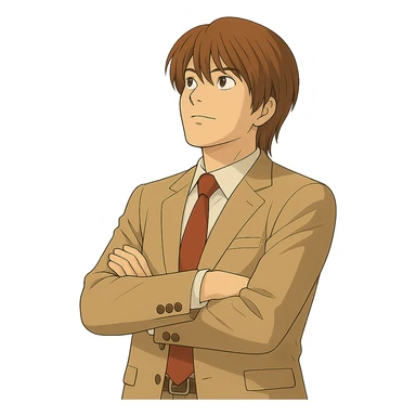 Make this exact Light Yagami in Ghibli style, standing with his arms crossed and looking upward, same suit, same confident expression. Match the face, hair, and suit details exactly to the reference. Transparent background. sticker