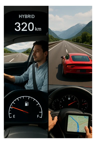 "Split screen highway scene: left side fuel-efficient hybrid car smoothly cruising at optimal speed with digital display showing remaining range 320km, serene driver with relaxed expression; right side gas-guzzling sports car speeding aggressively with fuel gauge rapidly dropping toward empty, stressed driver checking gas stations on GPS, Italian autostrada stretching endlessly ahead, mountain landscape backdrop" sticker