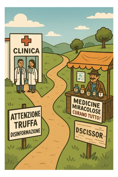 two paths diverge—one leads to a trustworthy clinic with doctors and scientific posters, the other to a shady stand selling “miracle” medicines with exaggerated claims. Signs along the second path warn of scams and misinformation. The scene encourages viewers to choose reliable, science-based healthcare. in italiano sticker
