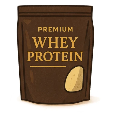 whey protein pouch, premium style, metallic gold highlights, dark background, elegant font, luxury supplement packaging sticker