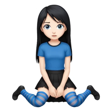 full body Front view emo girl blue eyes super long hair sits on the floor black skirt torn striped stockings sticker