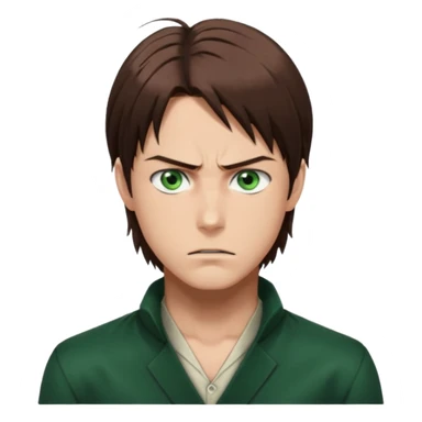 “Make him look like Eren Yeager S3 — long brown hair tied back, strong jawline, sharp green eyes, that cold, intense Eren vibe.” sticker