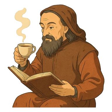 Chaucer reading a book and drinking tea, detailed, warm colors, ghibli style sticker