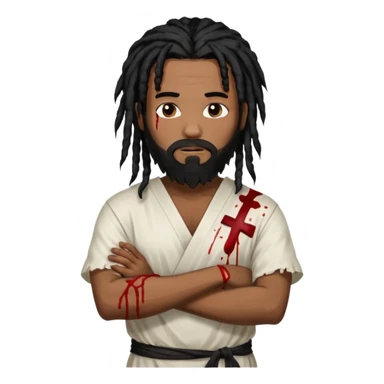 African American man with shoulder length black dreadlocks with black beard wearing a white tunic with blood on it with arms folded together sticker