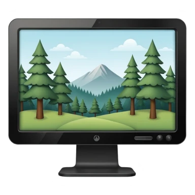 Minimalistic flat vector icon, iOS style, thin black contour on white background. Computer monitor with a simple forest scene on the screen (trees, minimal landscape). Clean, no text, no shadows sticker
