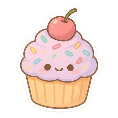 pastel-colored cupcake with rainbow sprinkles and a cherry on top sticker