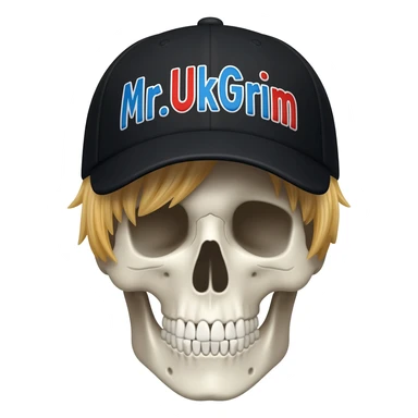 Create a skeleton head wearing a black baseball cap that says "Mr.UkGrim" in blue, red, and white lettering, with short blonde hair sticker