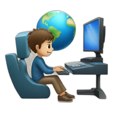 A boy with a computer and behind the planet Earth sticker