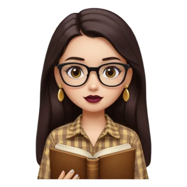 generate a pretty bratz girl with black small square spectacles, dark lipstick, gold stud earrings, a brown gingham shirt, books in hand, dark brown straight long hair, eyeliner on sticker