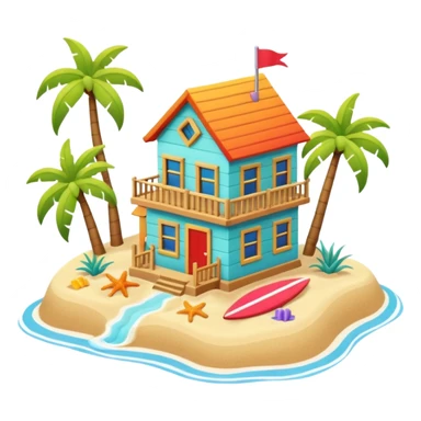 beach house near ocean, sandy ground, small waves, tropical vibe, colorful house, 3D cartoon, cute game icon, clean background, no text sticker