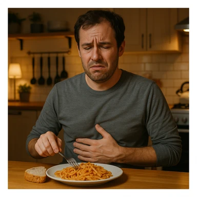 A man in his mid-30s sitting at a kitchen table with a plate of pasta and bread in front of him, looking uncomfortable and conflicted. His facial expression shows bloating, fatigue, and mild abdominal pain. One hand is on his stomach, the other hesitating to eat. sticker