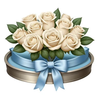 Set against a warm beige and pearl-colored lace backdrop, a bouquet of creamy white roses intertwined with pale blue blooms is wrapped in a soft champagne-colored velvet ribbon, forming a perfect bow. The bouquet rests on an antique silver tray, its delicate engravings catching the soft glow of candlelight. Hovering above, a trio of metallic pearl balloons in soft ivory and rose gold tones sway gently, their surfaces gleaming with a muted, vintage-inspired sheen. sticker