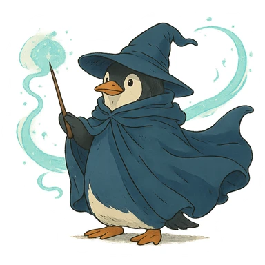 ghibli style penguin wizard with a flowing cloak and magical aura sticker