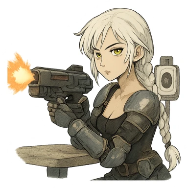  she iswearing armor, doing live-fire exercises at a safe and sanctioned training firing range with a maximum power blaster, a closeup portrait of young woman with gold yellow eyes, white hair, long braid, black off-shoulder top d-cup, punk gothic style, futuristic cyberwave cyberpunk, sitting position
 sticker