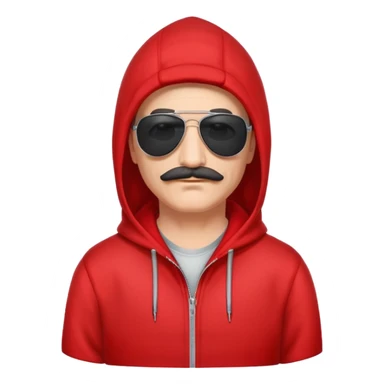 50-year-old man with a thin mustache, black aviator sunglasses, wearing a red hoodie with hood up sticker