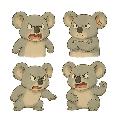 angry koala with different poses and expressions in ghibli style sticker